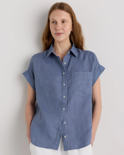100% European Linen Camp Shirt - XS / Sky Blue Mariner Stripe