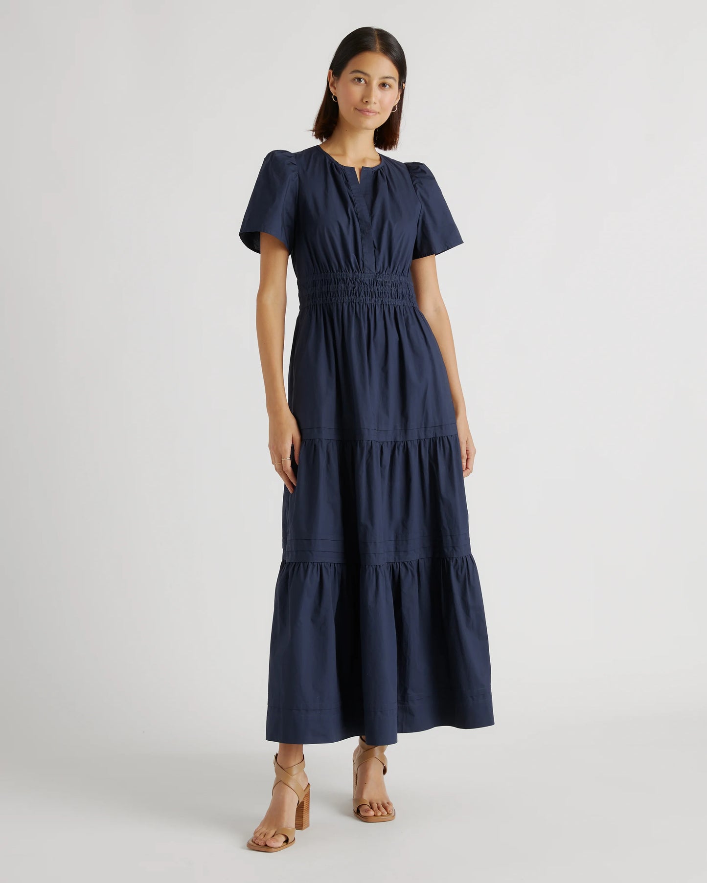 100% Organic Cotton Poplin Tiered Maxi Dress - XS / Navy