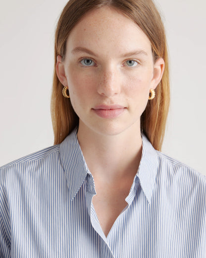 100% Organic Cotton Poplin Long Sleeve Shirt - XS / Delta Blue Double Stripe