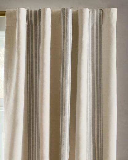 Coastal Stripe Linen Cotton True Blackout Curtain - Single Panel - 48x84 / Ivory/Fog