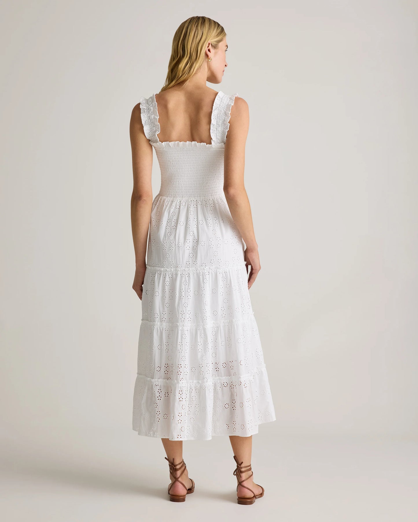 100% Organic Cotton Eyelet Smocked Midi Dress - XS / White