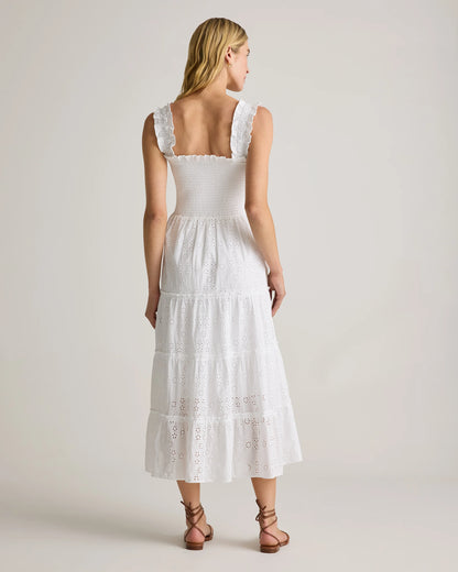 100% Organic Cotton Eyelet Smocked Midi Dress - XS / White