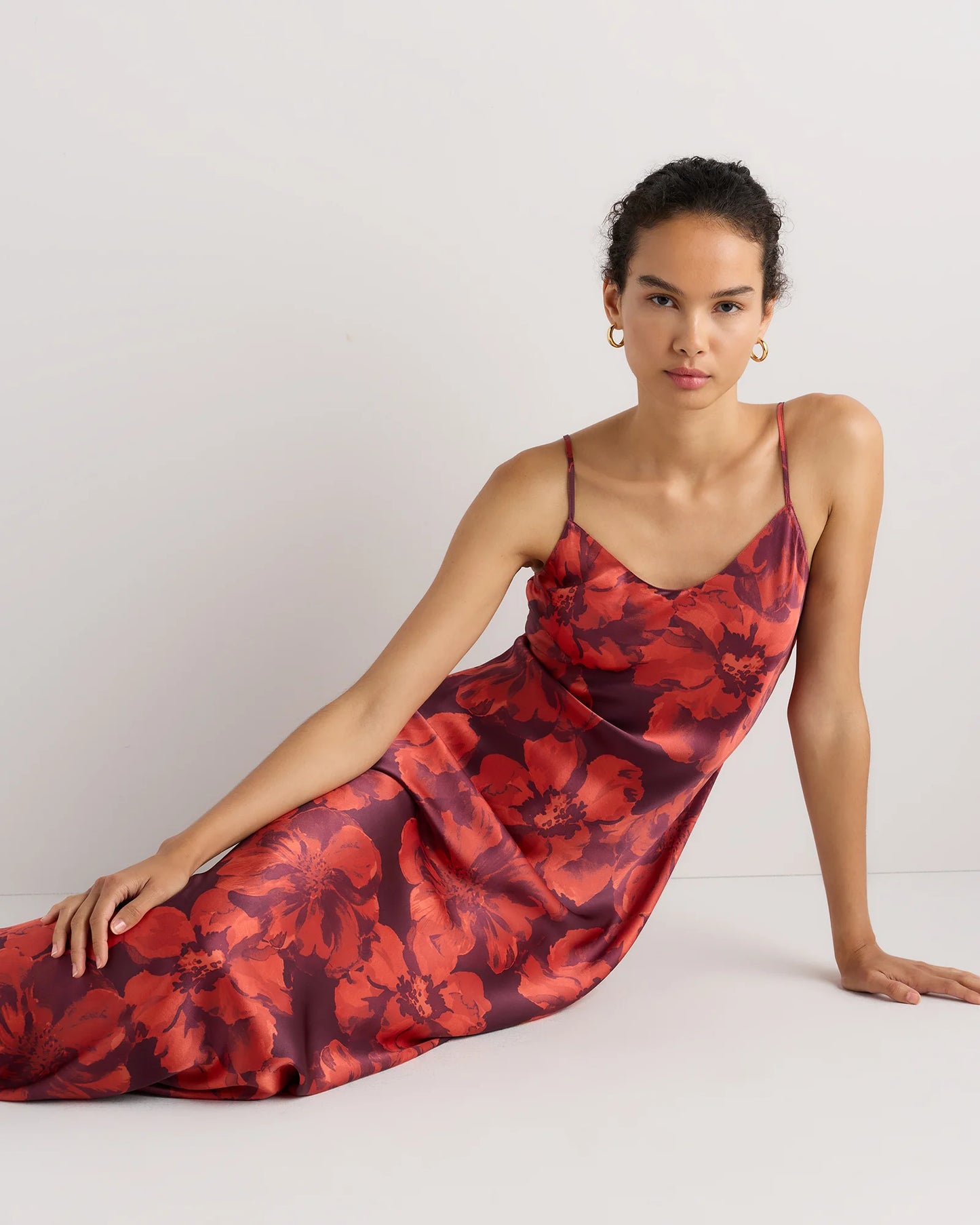 100% Washable Silk Maxi Slip Dress - XS / Cordovan Red Hibiscus