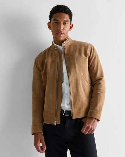 100% Suede Café Racer Jacket - S / Pecan Brown