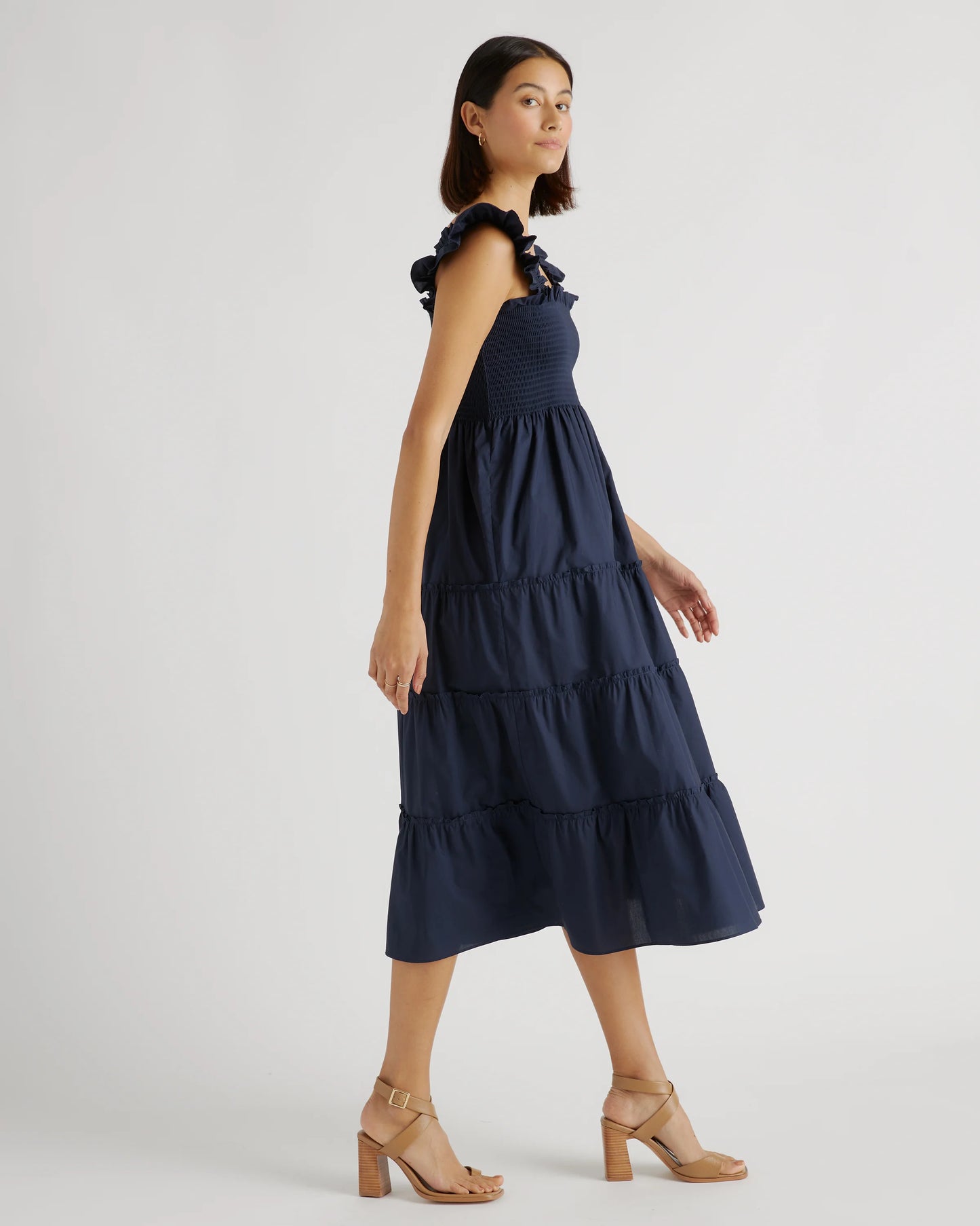 100% Organic Cotton Poplin Smocked Midi Dress - XS / Riviera Blue Heirloom Floral