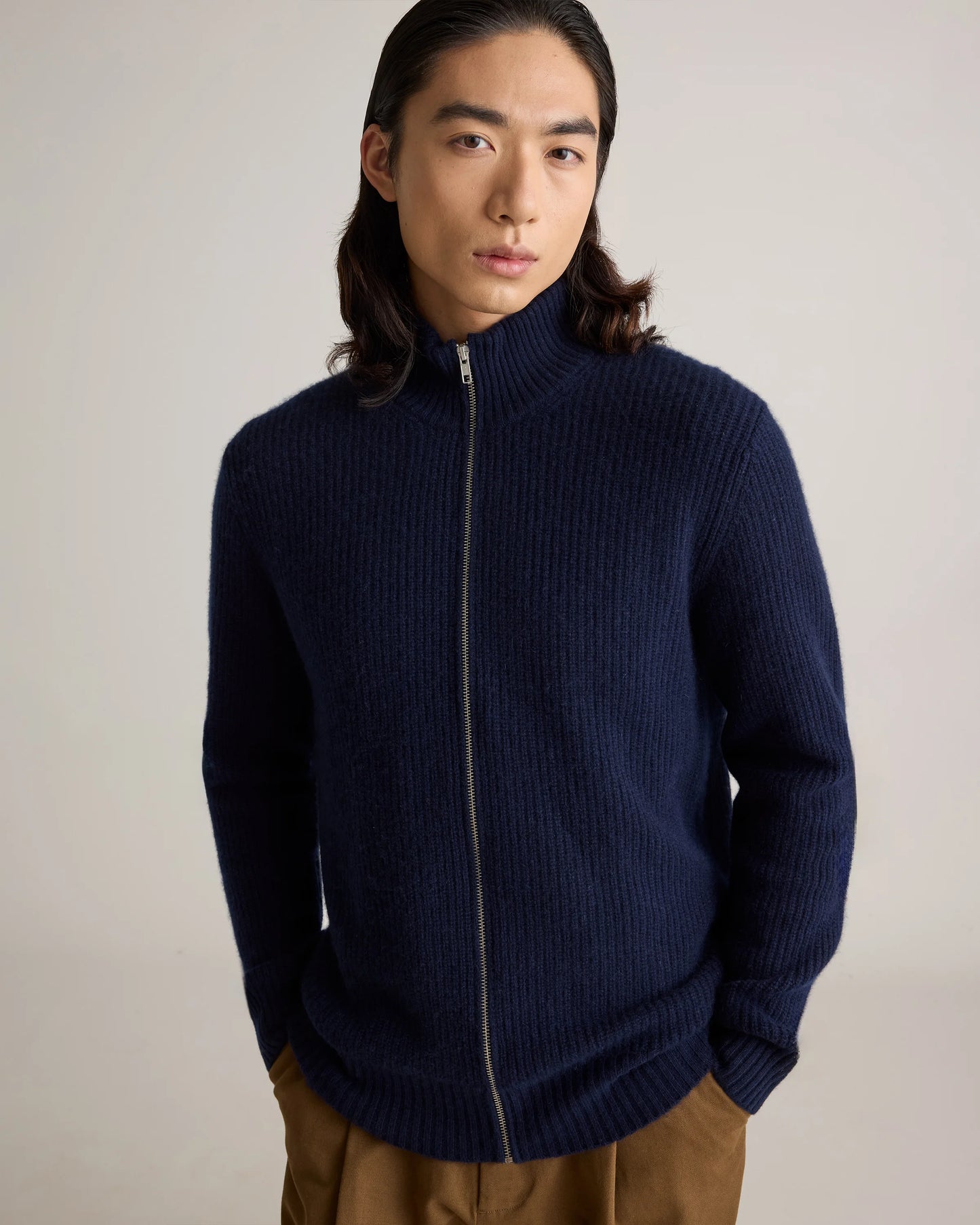 Mongolian Cashmere Fisherman Full Zip Sweater - S / Teak