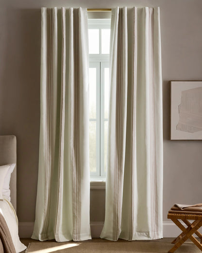 Coastal Stripe Linen Cotton True Blackout Curtain - Single Panel - 48x84 / Ivory/Fog