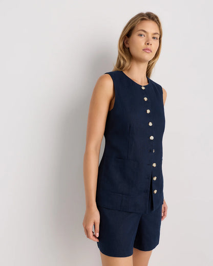 100% European Linen Longline Vest - XS / Taupe Brown Chambray
