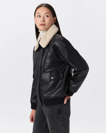 100% Leather Shearling Trim Aviator Jacket - XS / True Black