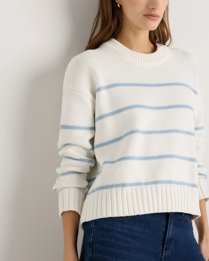 100% Organic Cotton Striped Crew Sweater - XS / Heather Brown/Ivory
