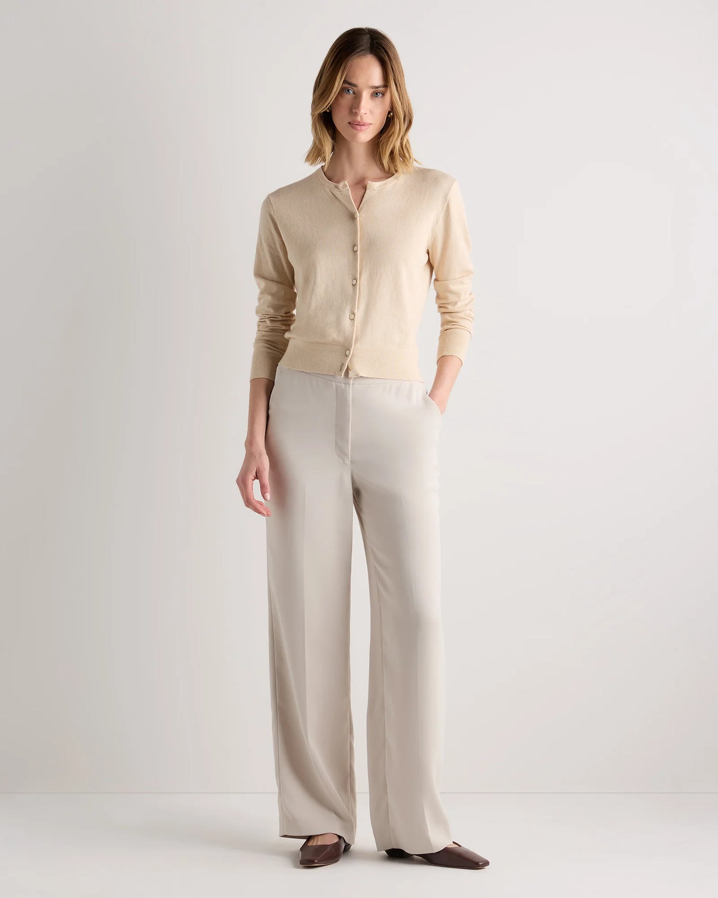 Lightweight Cotton Cashmere Crew Cardigan - XS / Heather Oatmeal