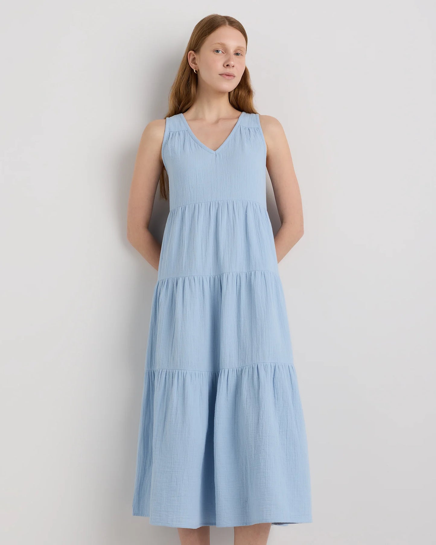 100% Organic Cotton Gauze Tiered Maxi Dress - XS / Indigo Blue