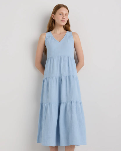 100% Organic Cotton Gauze Tiered Maxi Dress - XS / Indigo Blue