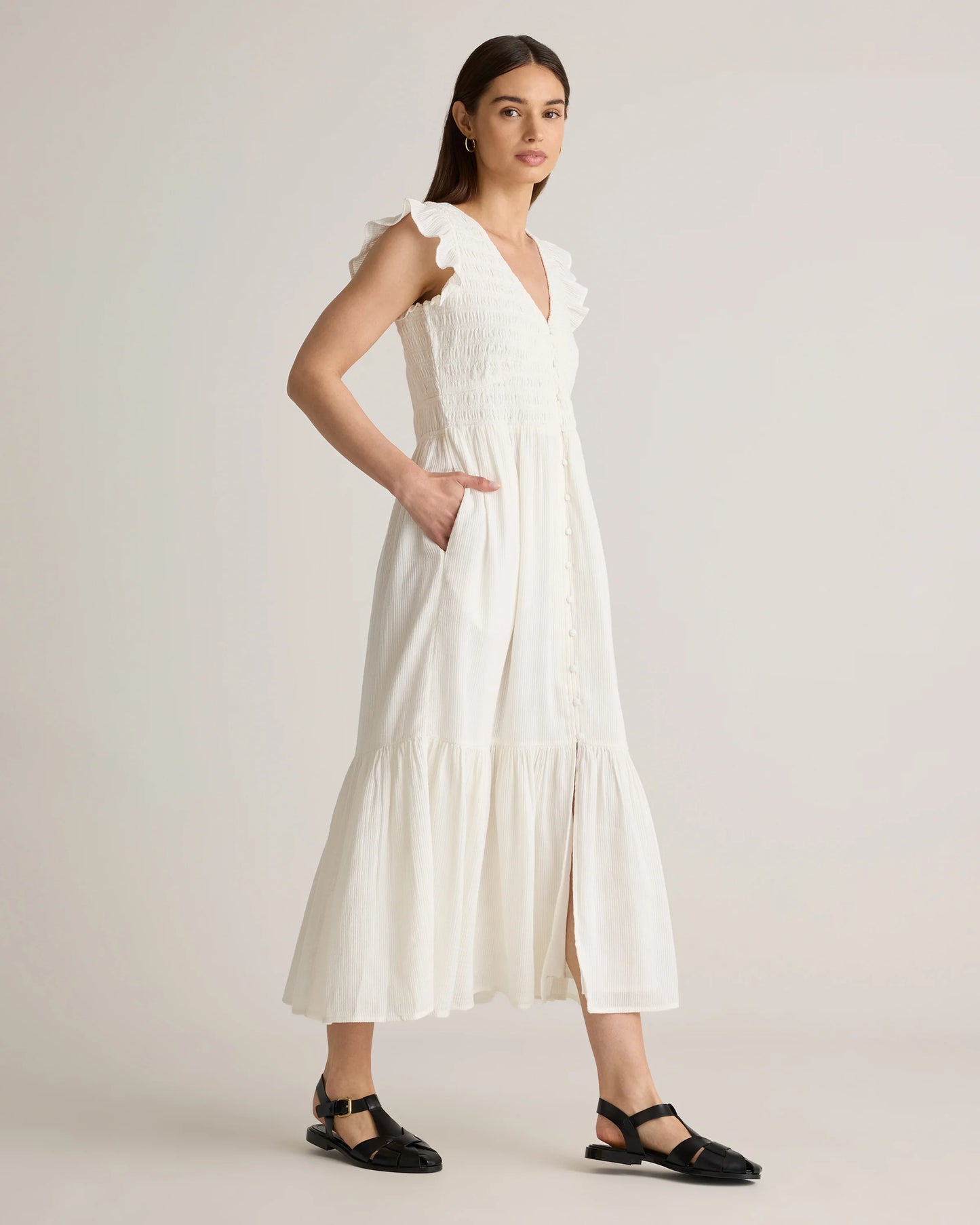 Organic Textured Cotton Smocked V-Neck Midi Dress - XS / Pale Custard Yellow