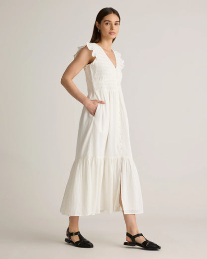 Organic Textured Cotton Smocked V-Neck Midi Dress - XS / Pale Custard Yellow