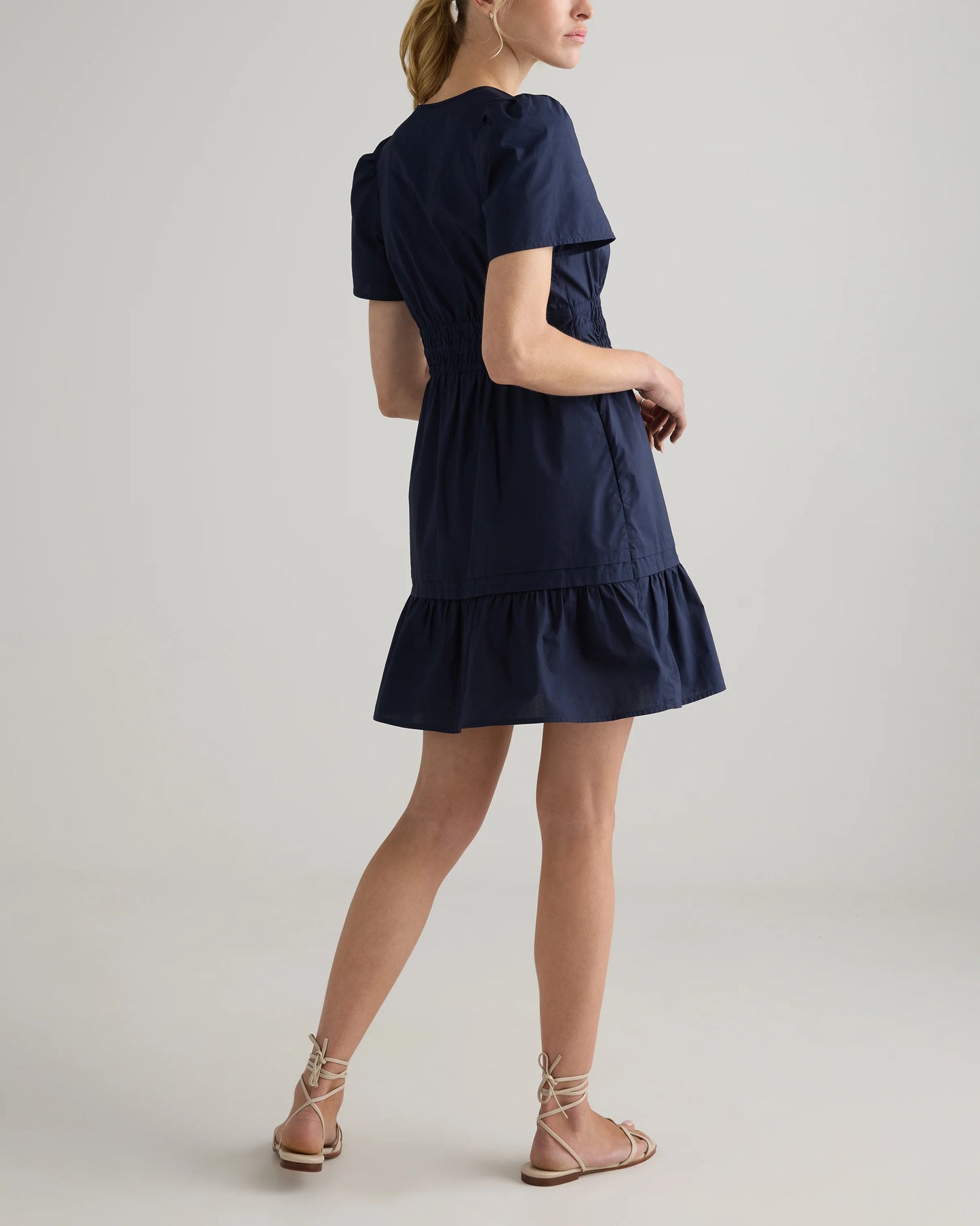 100% Organic Cotton Poplin Tiered Mini Dress - XS / Riviera Blue Heirloom Floral