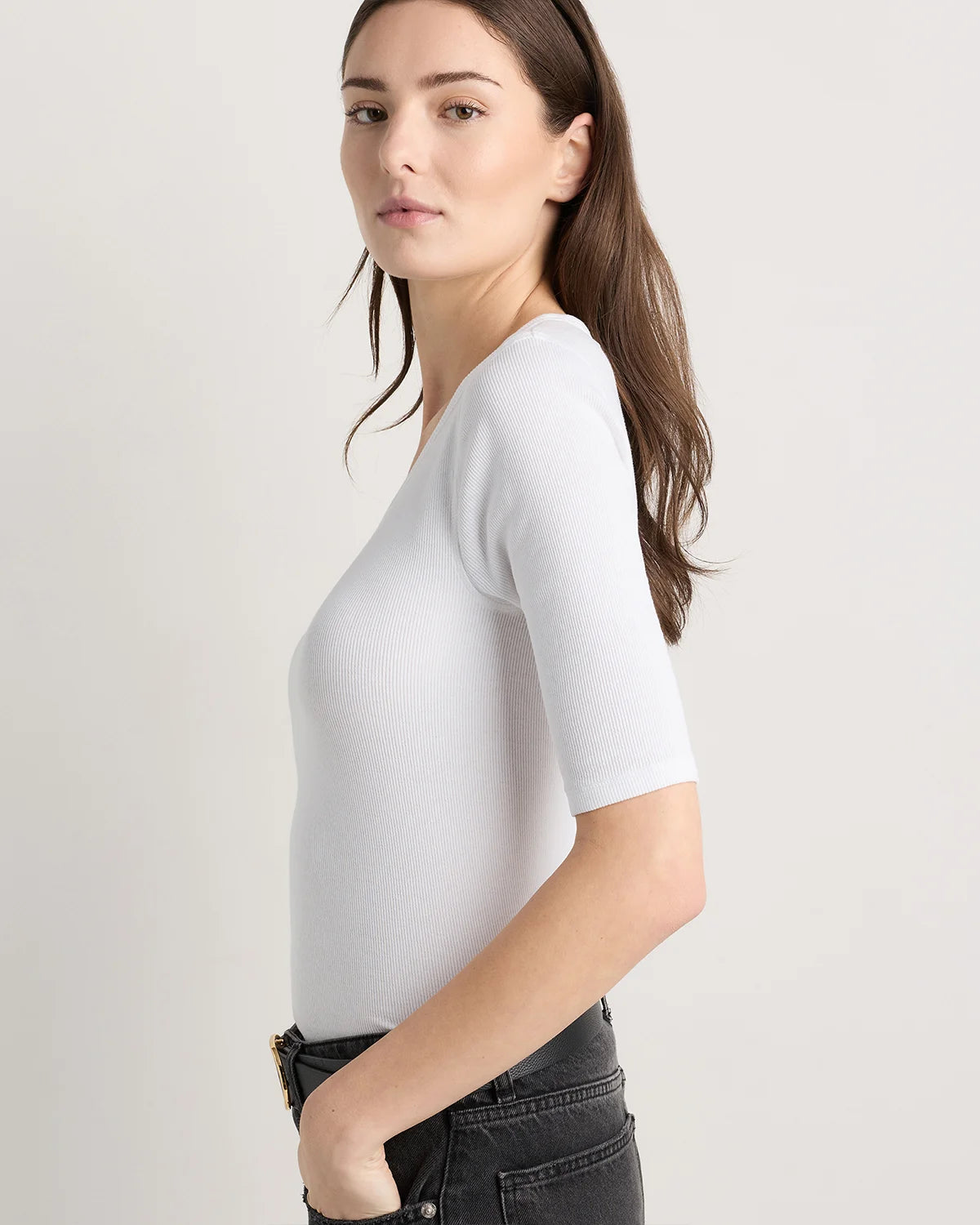 Organic Cotton Micro-Rib Elbow Sleeve Tee - XS / Moonstone Blue