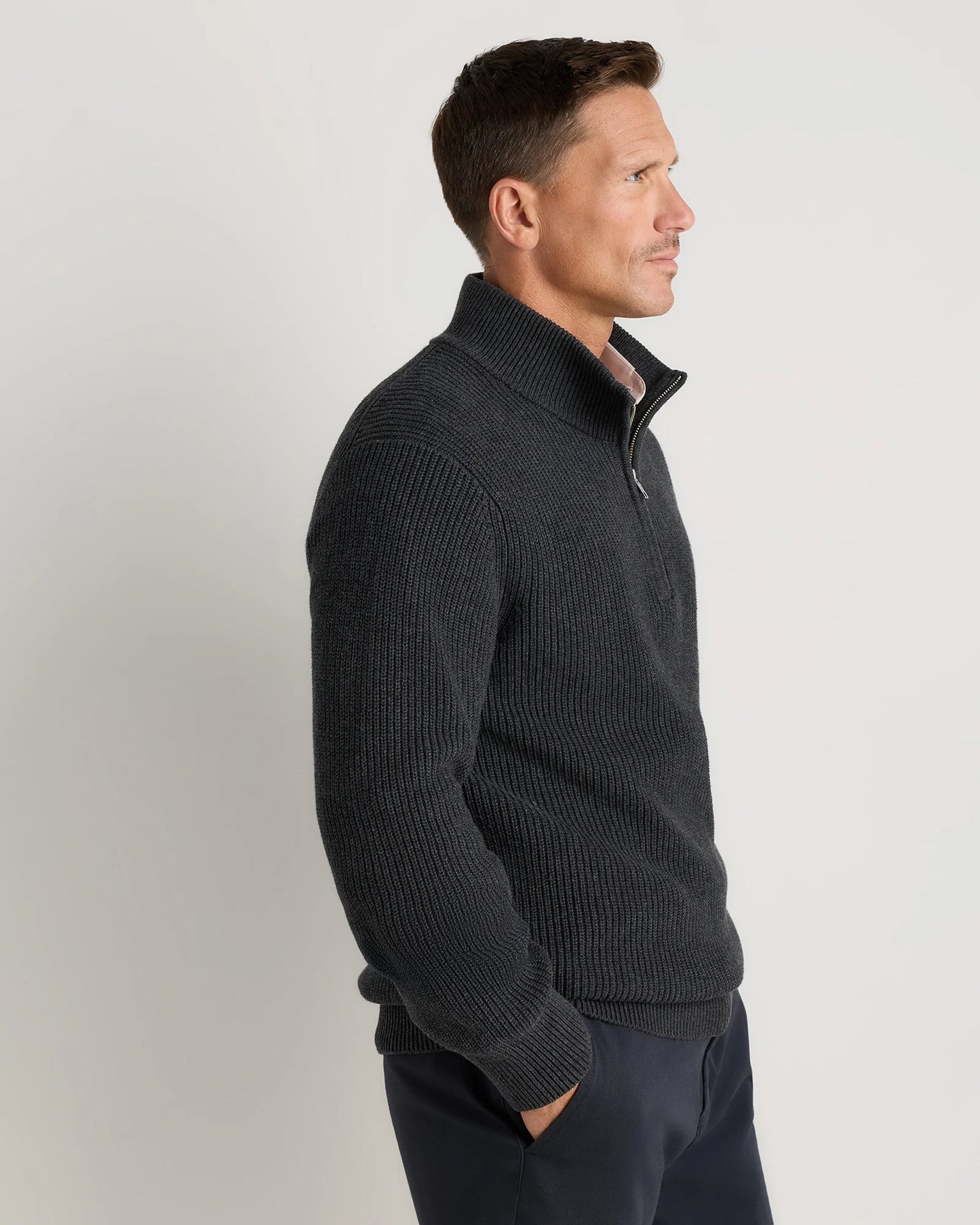 100% Organic Cotton Ribbed Quarter-Zip Sweater - S / Navy
