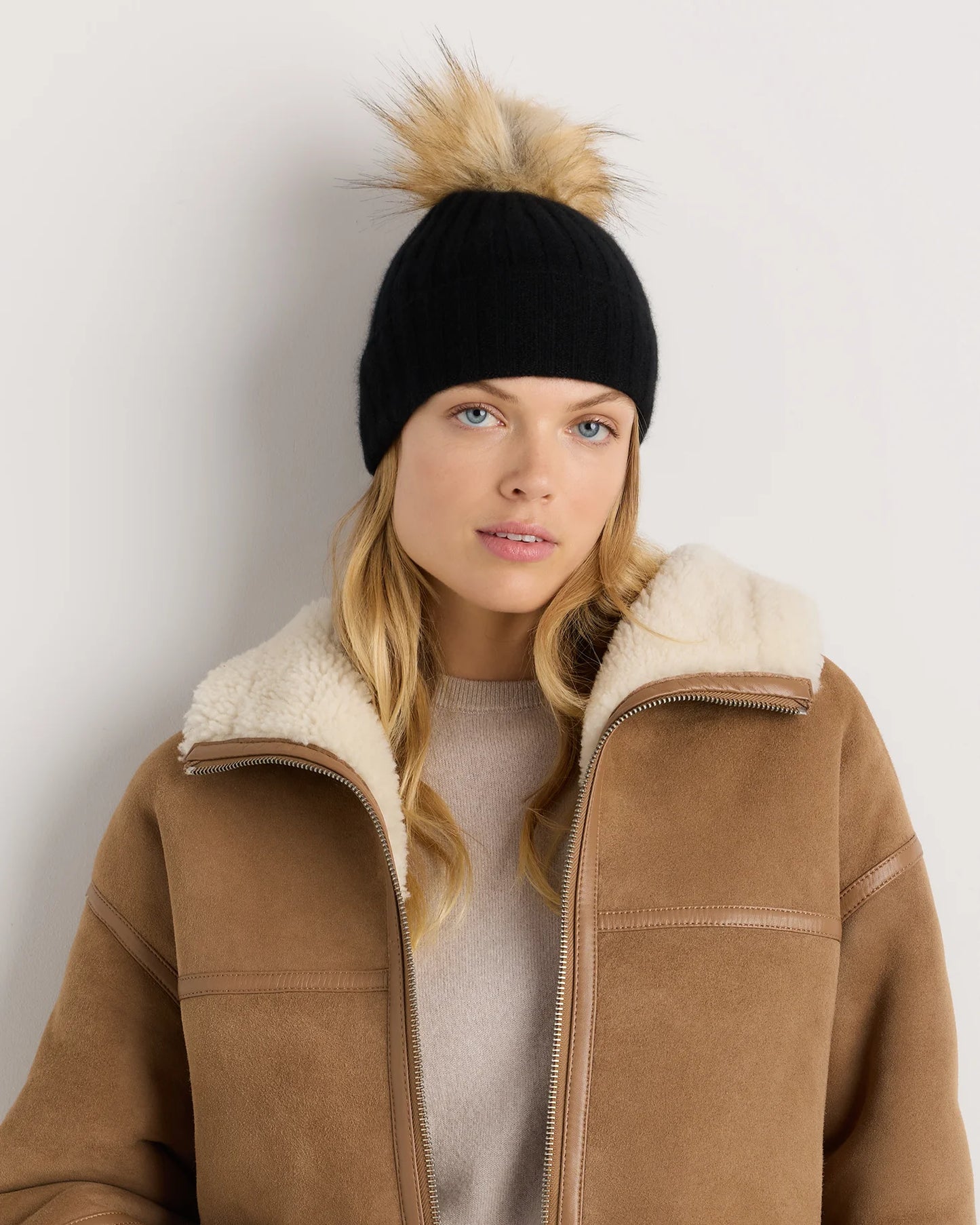 Mongolian Cashmere Pom Pom Beanie - One Size / Oatmeal
