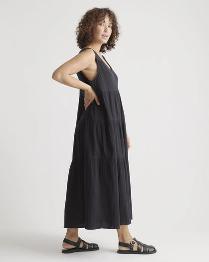 100% Organic Cotton Gauze Tiered Maxi Dress - XS / Indigo Blue