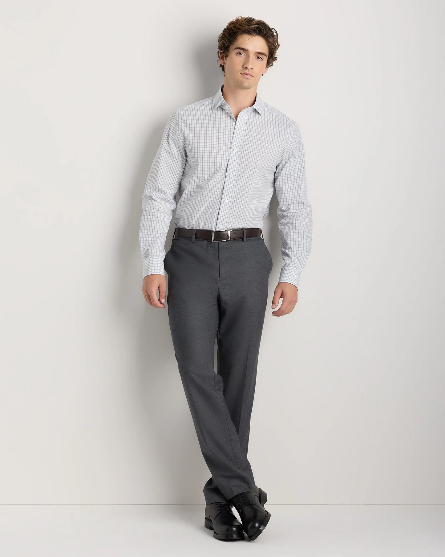 Organic Cotton Stretch Poplin Dress Shirt - S / White/Navy Minigrid