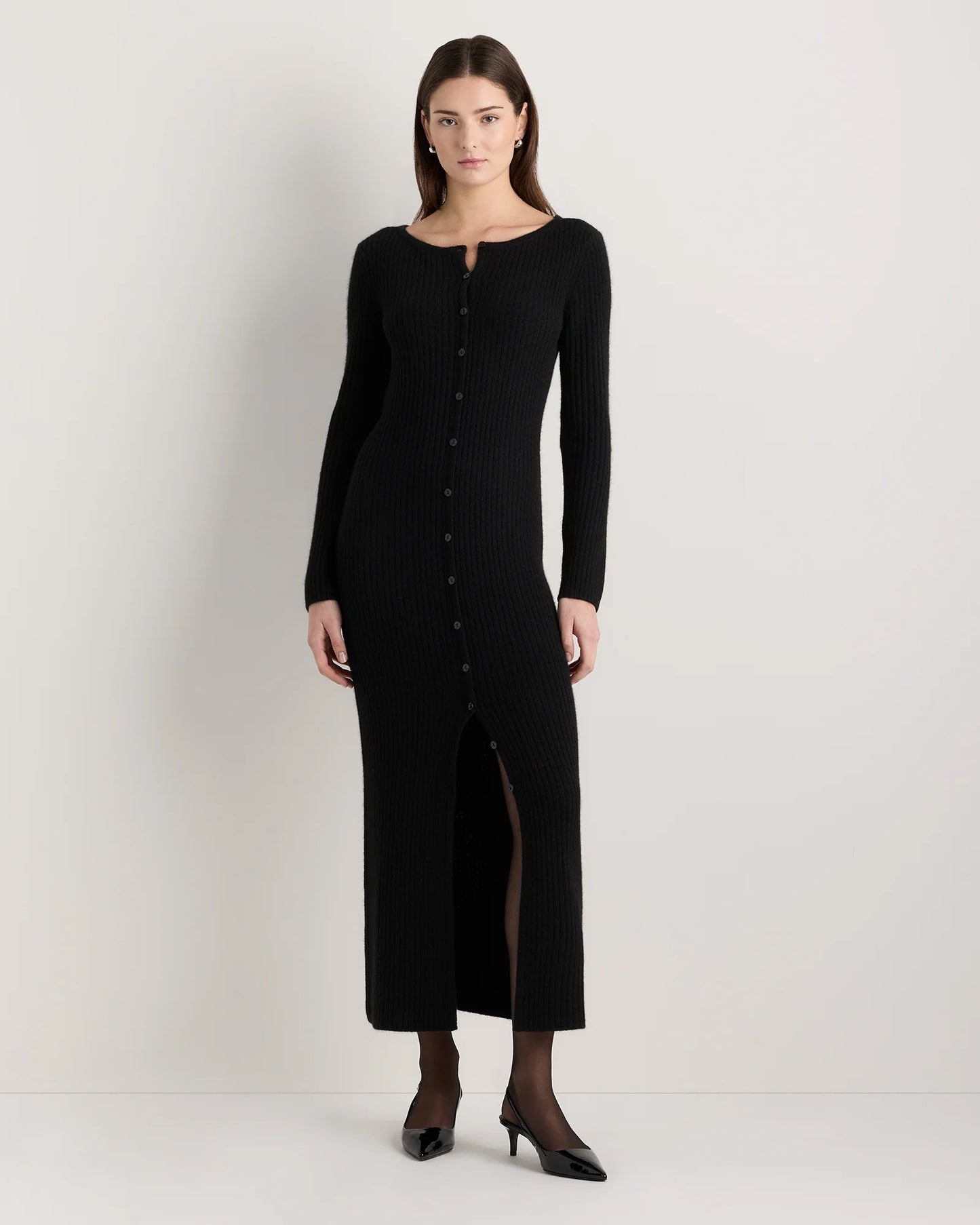 100% Yak Wool Ribbed Cardigan Sweater Dress - XS / Heather Brown