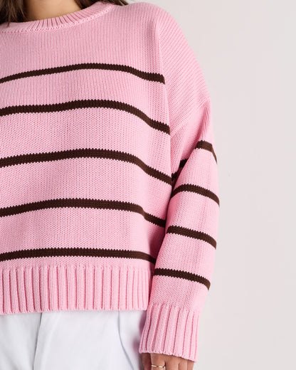 100% Organic Cotton Striped Crew Sweater - 1X / Speckled Beige/Ivory