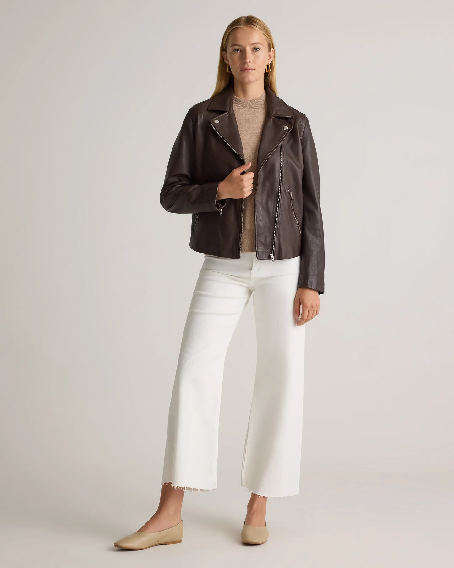 100% Washed Leather Biker Jacket - XS / Brown