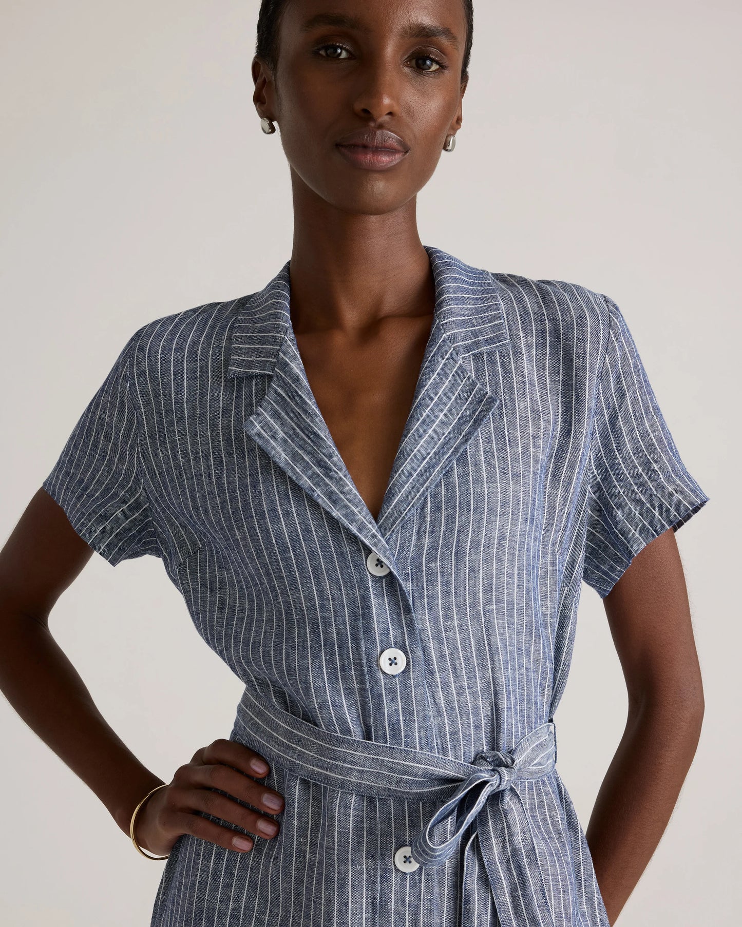 100% European Linen Button Front Dress - XS / Sky Blue Mariner Stripe