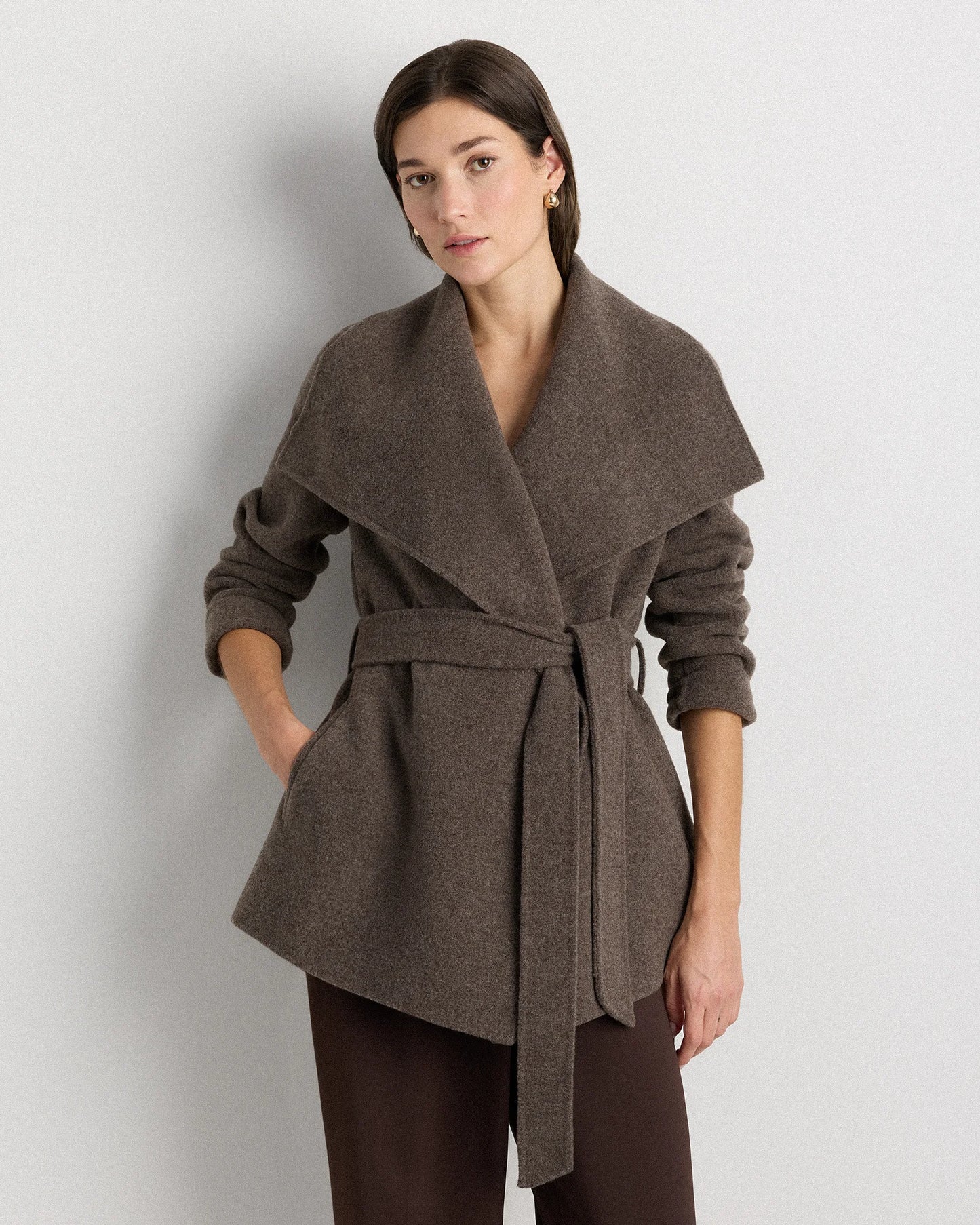 Double-Faced Merino Wool Draped Collar Short Wrap Coat - XS / Cocoa Melange