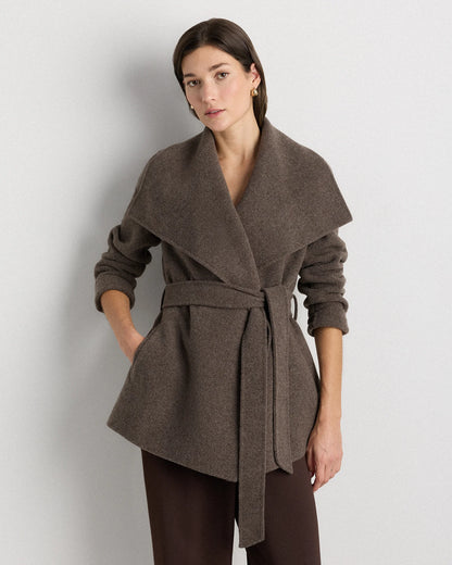 Double-Faced Merino Wool Draped Collar Short Wrap Coat - XS / Cocoa Melange