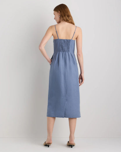 100% European Linen Scoop Neck Midi Dress - XS / Ivory Porcelain Blue Petite Floral
