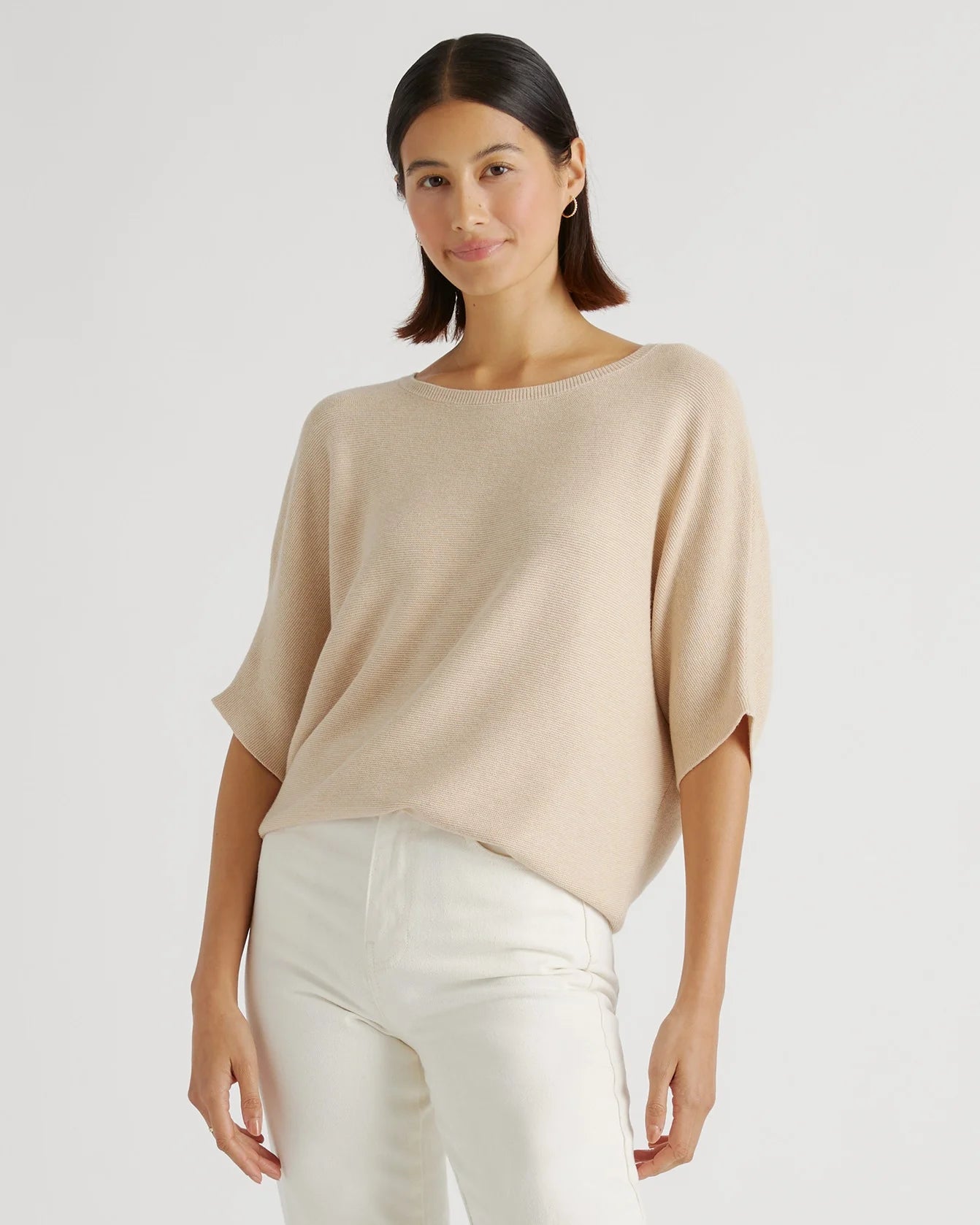 Lightweight Cotton Cashmere Link-Stitch Dolman Sweater - XS / Sugar Stone