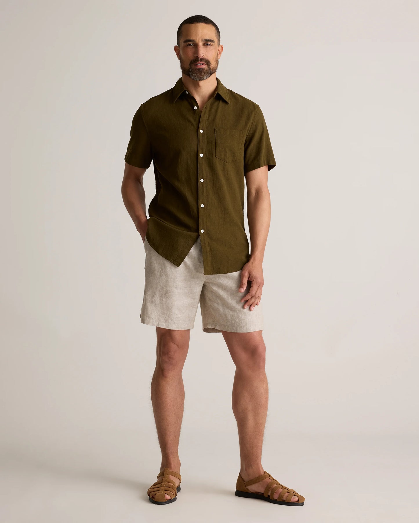 100% European Linen Drawstring Beach Shorts - 7" - XS / Taupe Brown Chambray