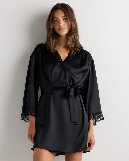 100% Washable Silk Satin Lace Trim Robe - XS / Black
