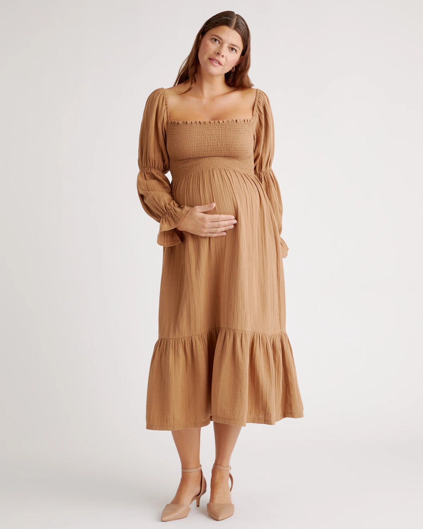 100% Organic Cotton Gauze Maternity Smocked Midi Dress - XS / Wild Cherry