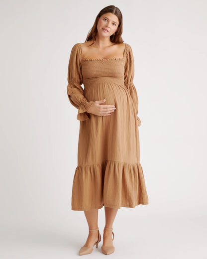 100% Organic Cotton Gauze Maternity Smocked Midi Dress - XS / Wild Cherry