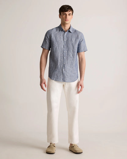 100% European Linen Relaxed Short Sleeve Shirt - XS / Taupe Brown Chambray