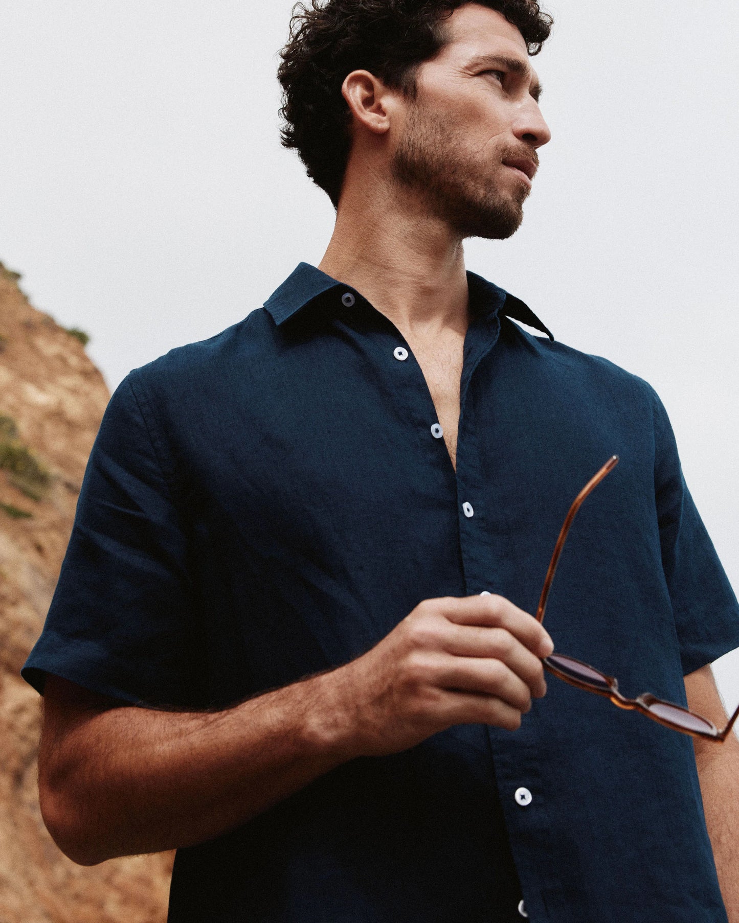 100% European Linen Relaxed Short Sleeve Shirt - XS / Taupe Brown Chambray
