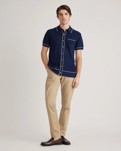 Organic Cotton-Silk Tipped Button Down Polo Sweater - S / Navy/Ivory