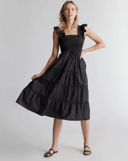 100% Organic Cotton Poplin Smocked Midi Dress - XS / Riviera Blue Heirloom Floral