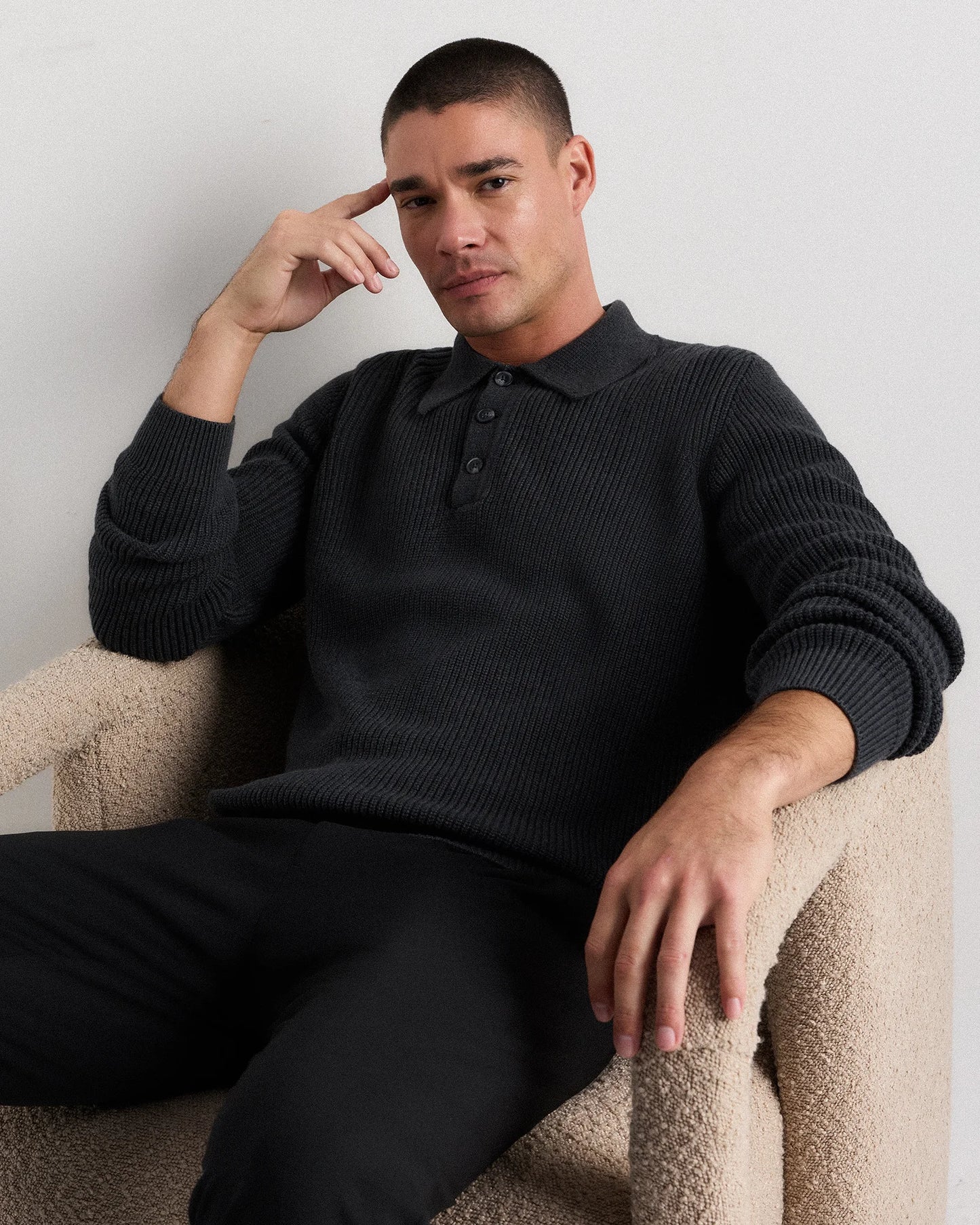 100% Organic Cotton Ribbed Polo Sweater - XS / Mid Heather Grey