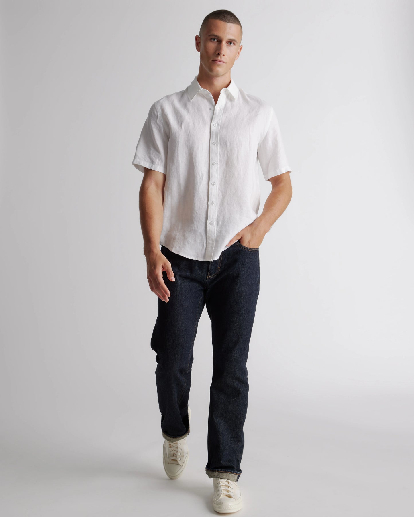 100% European Linen Relaxed Short Sleeve Shirt - XS / Taupe Brown Chambray