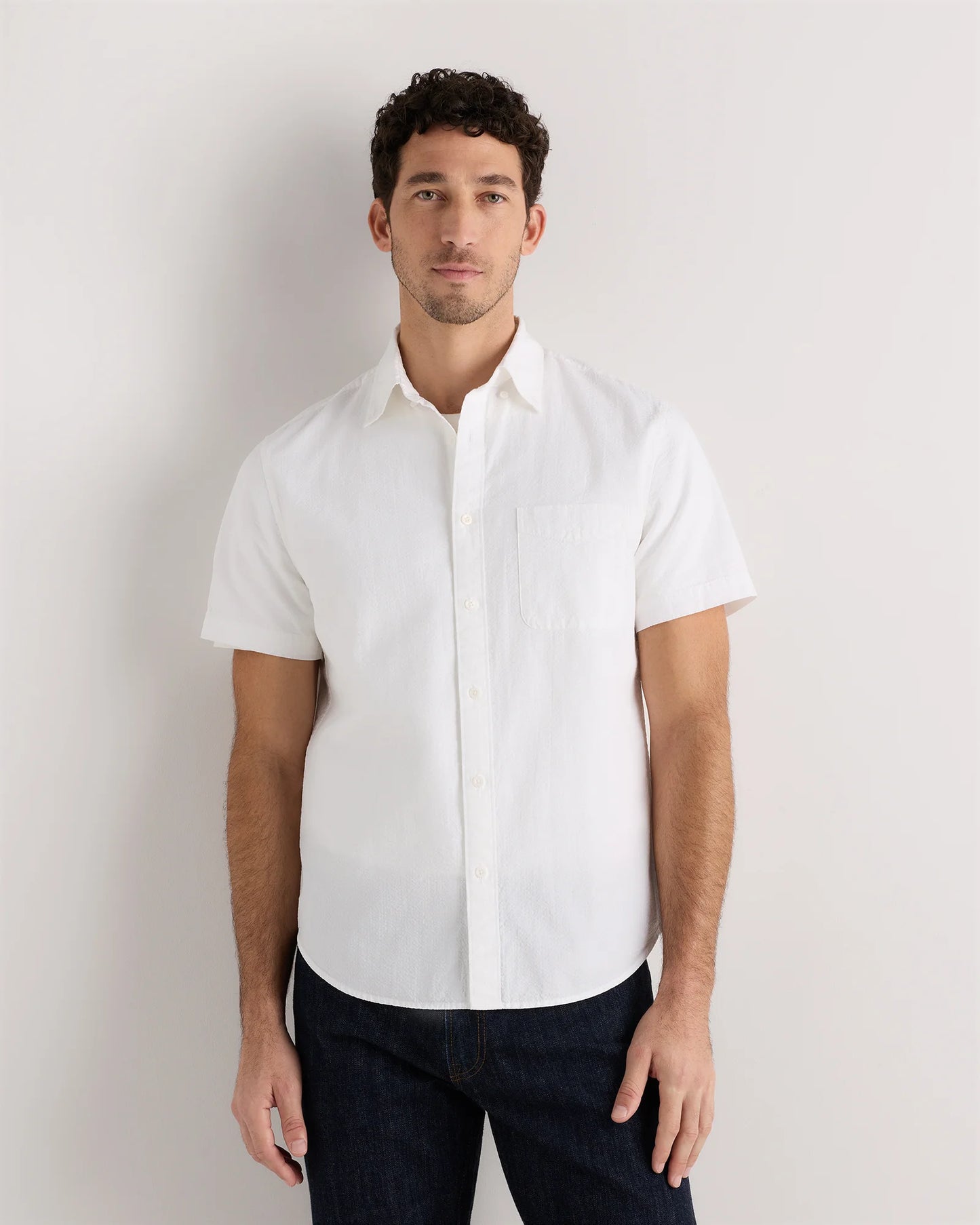 100% Organic Cotton Seersucker Short Sleeve Shirt - S / White