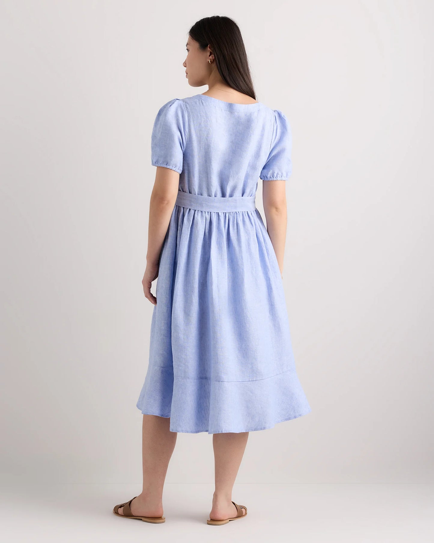 100% European Linen Maternity Short Sleeve Midi Dress - XS / Ivory Porcelain Blue Petite Floral