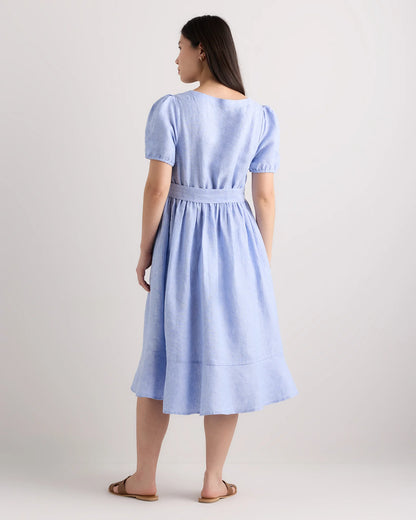 100% European Linen Maternity Short Sleeve Midi Dress - XS / Ivory Porcelain Blue Petite Floral