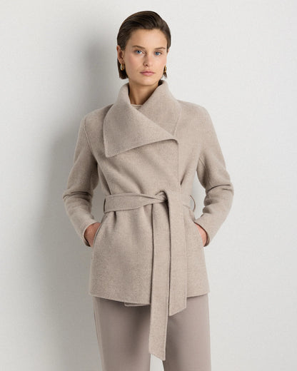 Double-Faced Merino Wool Draped Collar Short Wrap Coat - XS / Cocoa Melange