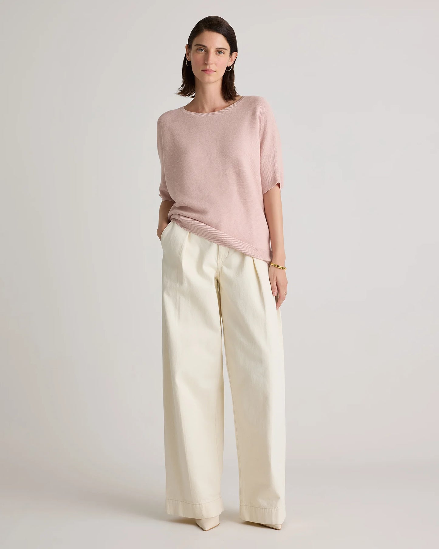 Lightweight Cotton Cashmere Link-Stitch Dolman Sweater - XS / Sugar Stone