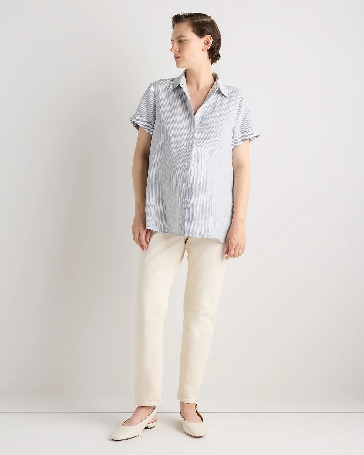 100% European Linen Maternity Camp Shirt - XS / Blue Pinstripe