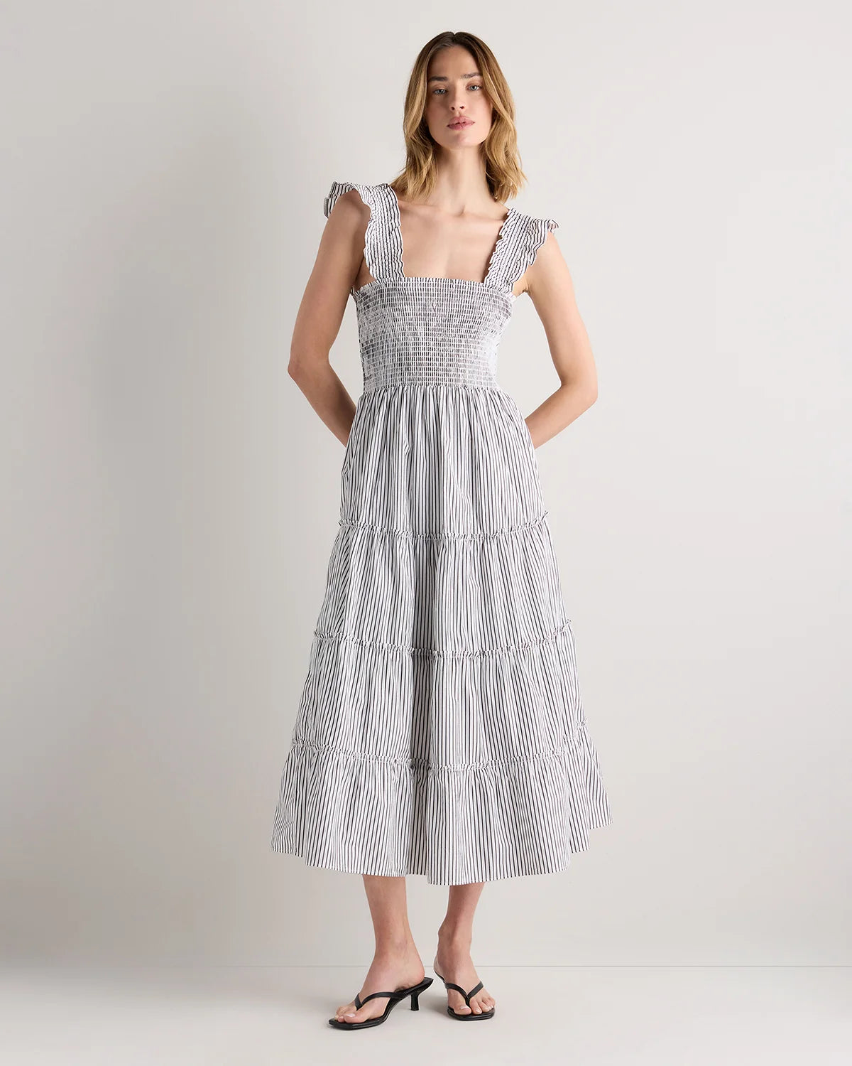 100% Organic Cotton Poplin Smocked Midi Dress - XS / Riviera Blue Heirloom Floral